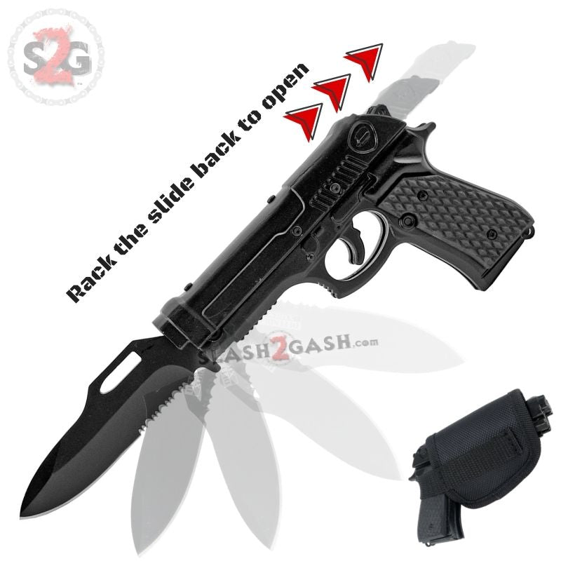 Gun-Shaped Spring Assisted Knife Black Pistol w/ Holster - asst. colors Black - Black Grips Knife-Assist - Tophatter Daily Deals