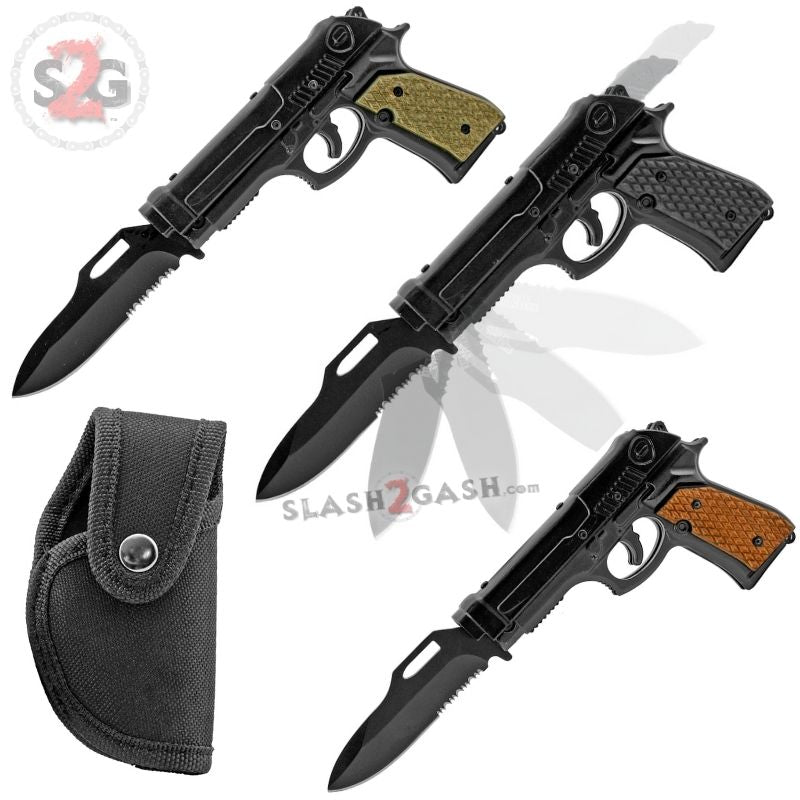 Gun-Shaped Spring Assisted Knife Black Pistol w/ Holster - asst. colors Knife-Assist - Tophatter Daily Deals