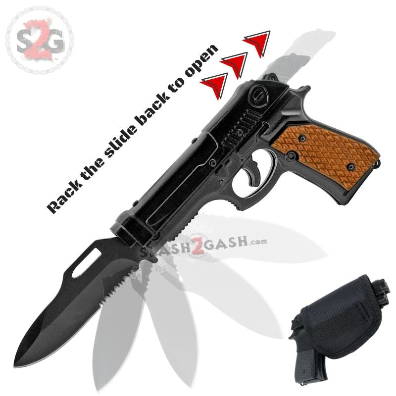 Gun-Shaped Spring Assisted Knife Pistol w/ mini Holster - Brown Grips Knife-Assist - Tophatter Daily Deals