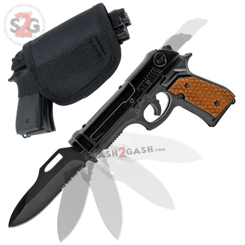Gun-Shaped Spring Assisted Knife Pistol w/ mini Holster - Brown Grips Knife-Assist - Tophatter Daily Deals