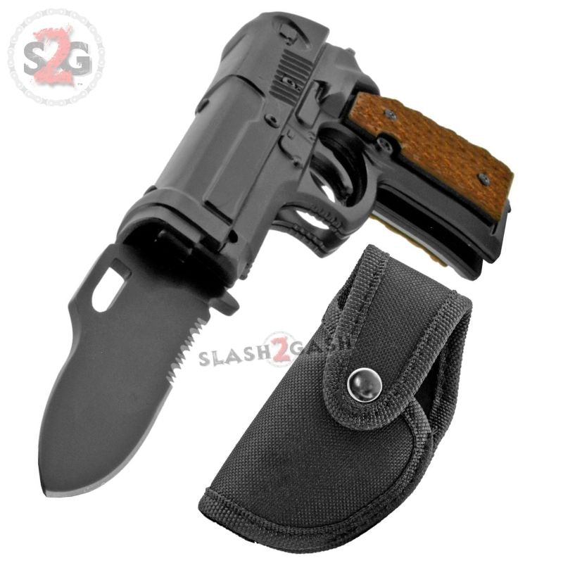 Gun-Shaped Spring Assisted Knife Pistol w/ mini Holster - Brown Grips Knife-Assist - Tophatter Daily Deals
