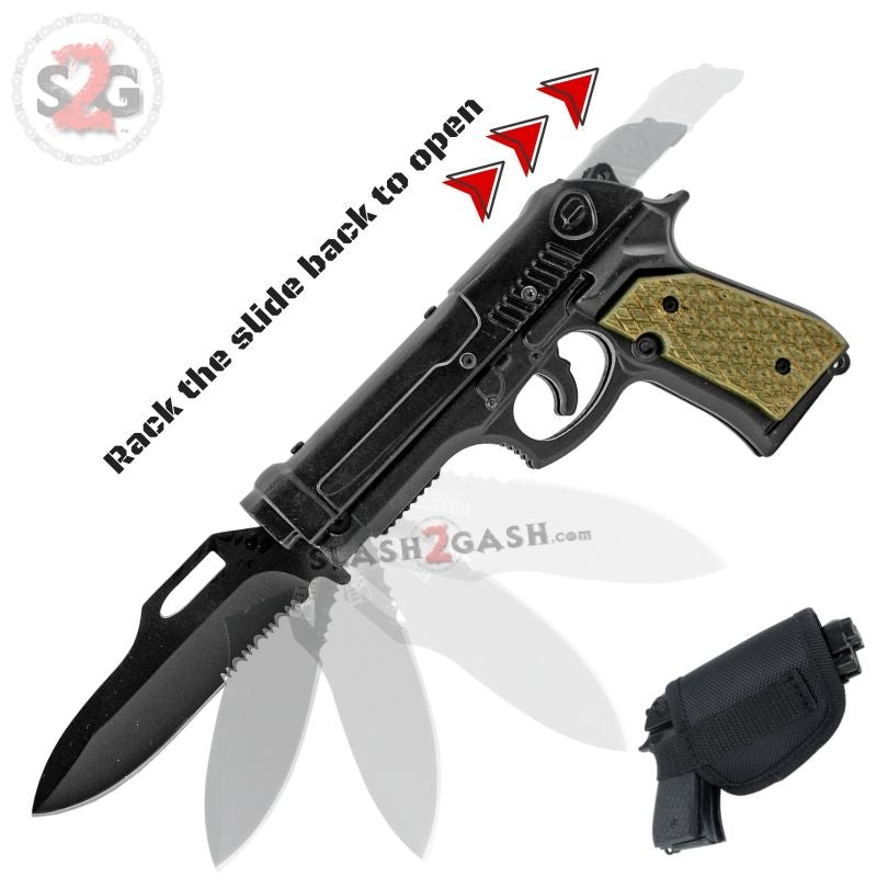 Gun-Shaped Spring Assisted Knife Black Pistol w/ Holster - asst. colors Black - Tan Grips Knife-Assist - Tophatter Daily Deals