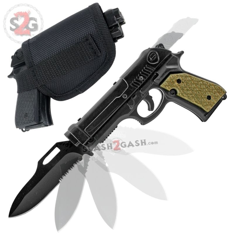Gun-Shaped Spring Assisted Knife Pistol w/ mini Holster - Tan Grips Knife-Assist - Tophatter Daily Deals