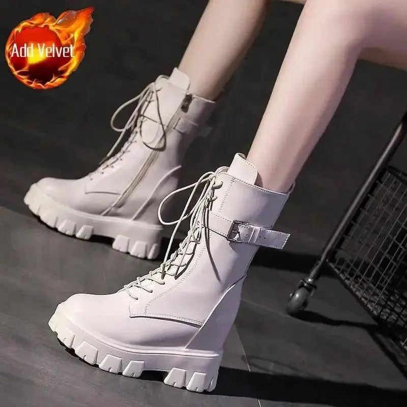 Platform Very High Heel Mid Calf Black White Shoes For Woman Women's Boots Footwear Half New Rock With Stylish Y2k Gothic Beige Plus Velvet - Tophatter Daily Deals