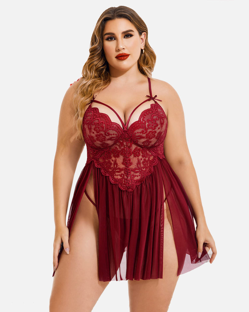 Christmas Plus Size Lace Babydoll Dark Red Lingerie Sets-Plus size - Tophatter Daily Deals