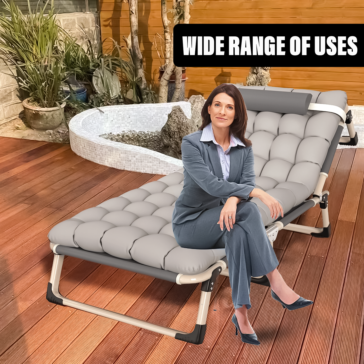 Collapsible Sun Lounger – Foldable Reclining Garden Chair for Outdoor Relaxation Folding Chair Bed - Tophatter Daily Deals