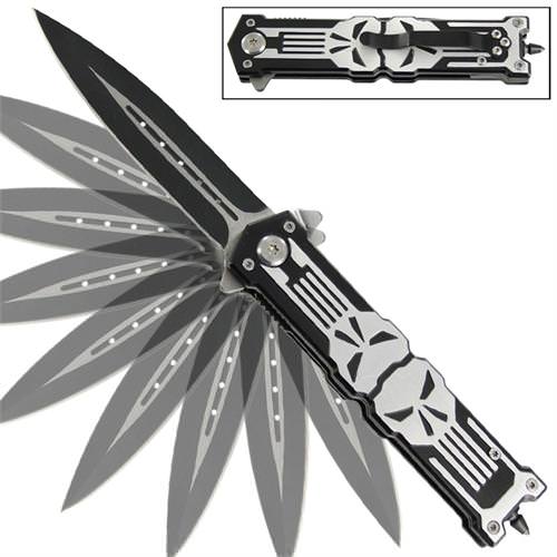 Punisher Stiletto Style Spring Assist Knife - Glass Breaker - Tophatter Daily Deals