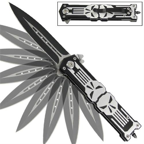 Punisher Stiletto Style Spring Assist Knife - Glass Breaker Collectible Weapons - Tophatter Daily Deals