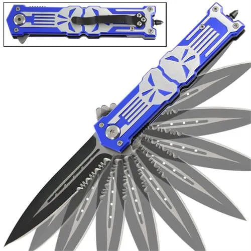 Punisher Blue Stiletto Style Spring Assist Knife - Glass Breaker - Tophatter Daily Deals