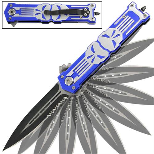 Punisher Blue Stiletto Style Spring Assist Knife - Glass Breaker Collectible Weapons - Tophatter Daily Deals