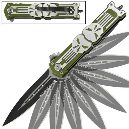 Punisher Green Stiletto Style Spring Assist Knife - Glass Breaker - TOPHATTER'S ARMORY DEALS Collectible Weapons - Tophatter Daily Deals