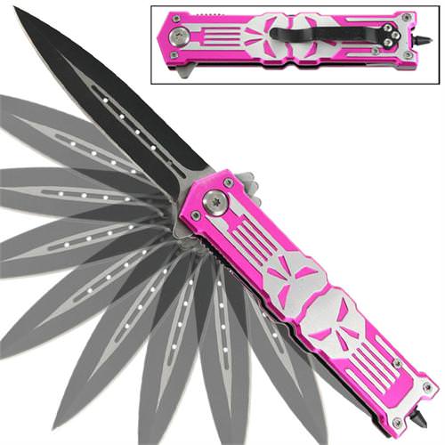 Punisher Pink Stiletto Style Spring Assist Knife - Glass Breaker Collectible Weapons - Tophatter Daily Deals