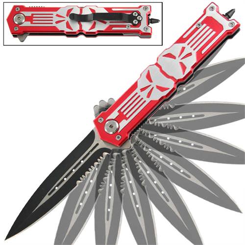 Punisher Red Stiletto Style Spring Assist Knife - Glass Breaker - Tophatter Daily Deals