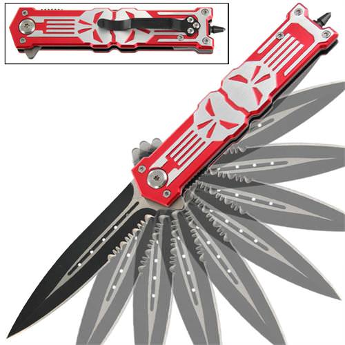 Punisher Red Stiletto Style Spring Assist Knife - Glass Breaker Collectible Weapons - Tophatter Daily Deals