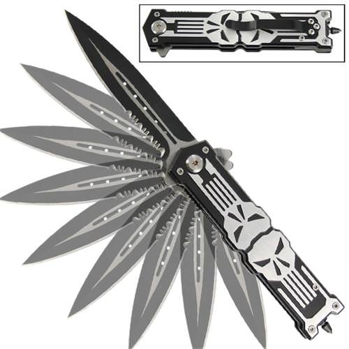 Punisher Black Stiletto Style Spring Assist Knife Serrated Blade Collectible Weapons - Tophatter Daily Deals