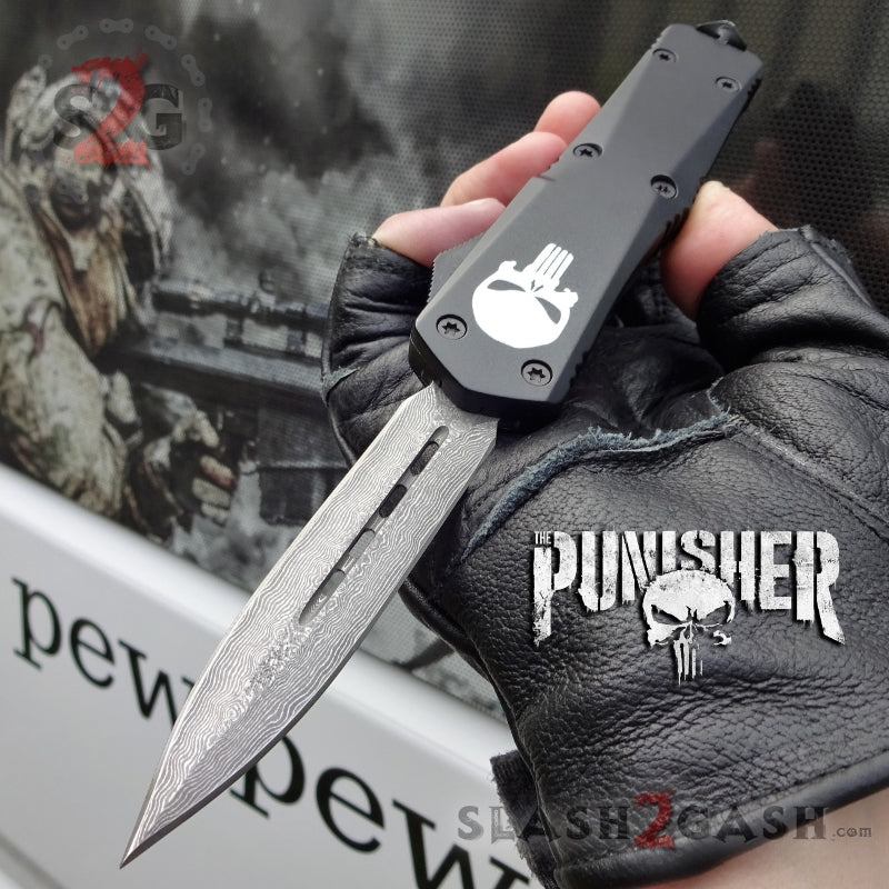 Punisher Skull OTF Knife Black D/A Switchblade - REAL Layered Damascus Dagger Plain - Black Knife-OTF - Tophatter Daily Deals