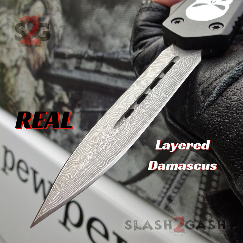 Punisher Skull OTF Knife Black D/A Switchblade - REAL Layered Damascus Knife-OTF - Tophatter Daily Deals