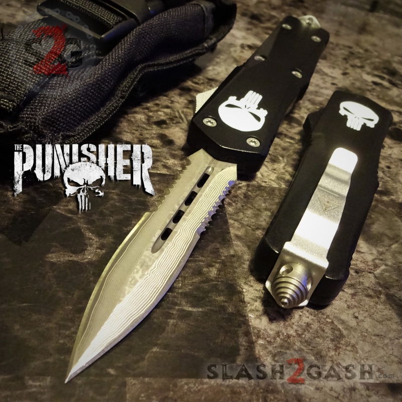 Punisher Skull OTF Knife Black D/A Switchblade - REAL Layered Damascus Dagger Ser - Silver Knife-OTF - Tophatter Daily Deals