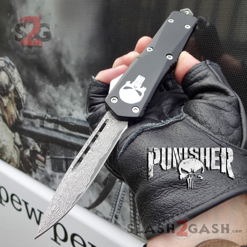 Punisher Skull OTF Knife REAL Damascus Delta Force - Drop Plain Silver Hardware Knife-OTF - Tophatter Daily Deals