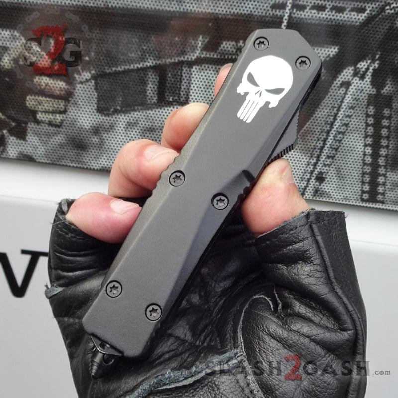 Punisher Skull OTF Knife REAL Damascus Delta Force - Drop Serrated Knife-OTF - Tophatter Daily Deals