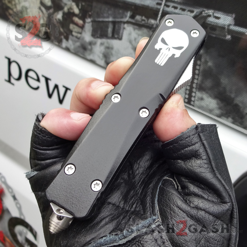 Punisher Skull OTF Knife REAL Damascus Delta Force - Drop Serrated Knife-OTF - Tophatter Daily Deals