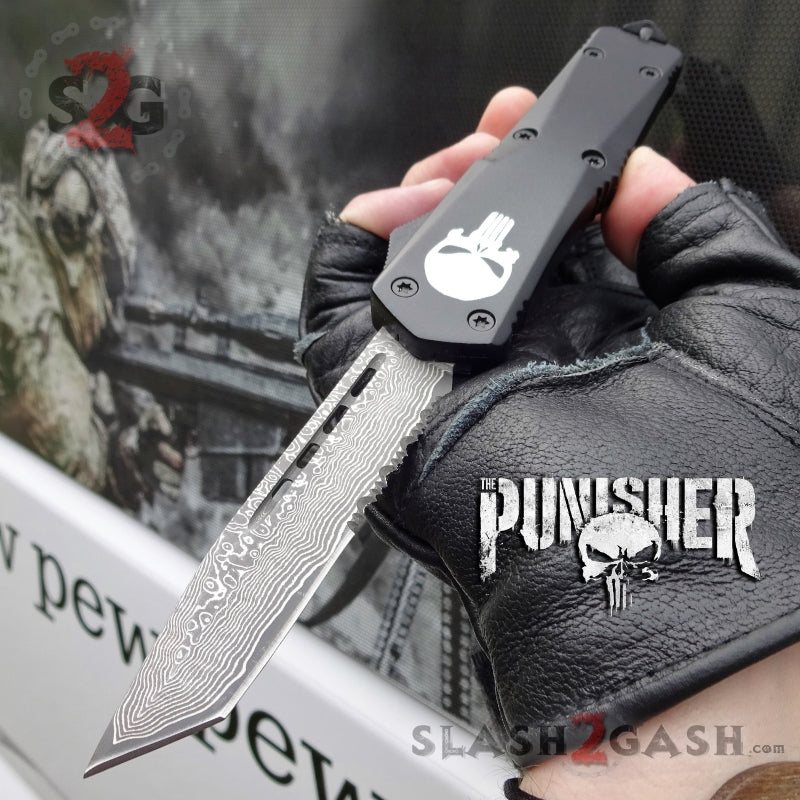 Punisher Skull OTF Knife Black D/A Switchblade - REAL Layered Damascus Knife-OTF - Tophatter Daily Deals