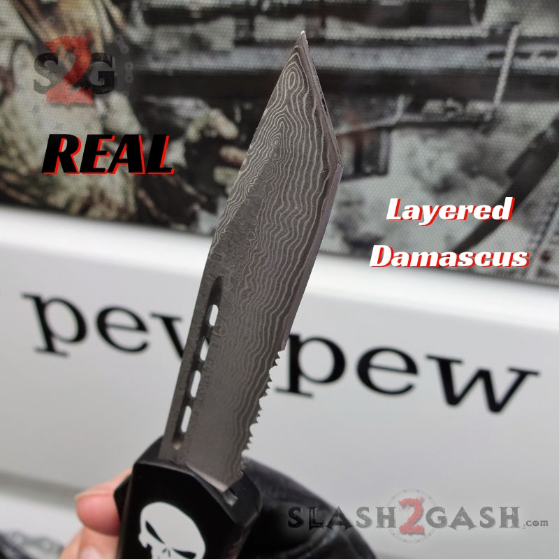 Punisher Skull OTF Knife Black D/A Switchblade - REAL Layered Damascus Knife-OTF - Tophatter Daily Deals