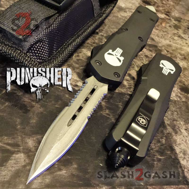 Punisher Skull OTF Knife Black D/A Switchblade - REAL Layered Damascus Dagger Ser - Black Knife-OTF - Tophatter Daily Deals