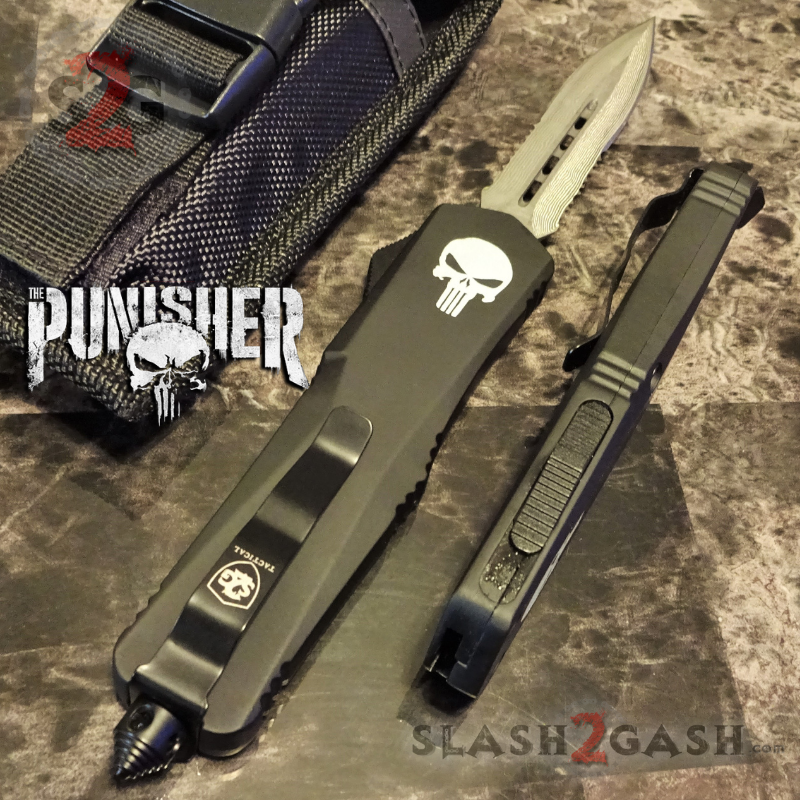 Punisher Skull OTF Knife Black D/A Switchblade - REAL Layered Damascus Knife-OTF - Tophatter Daily Deals