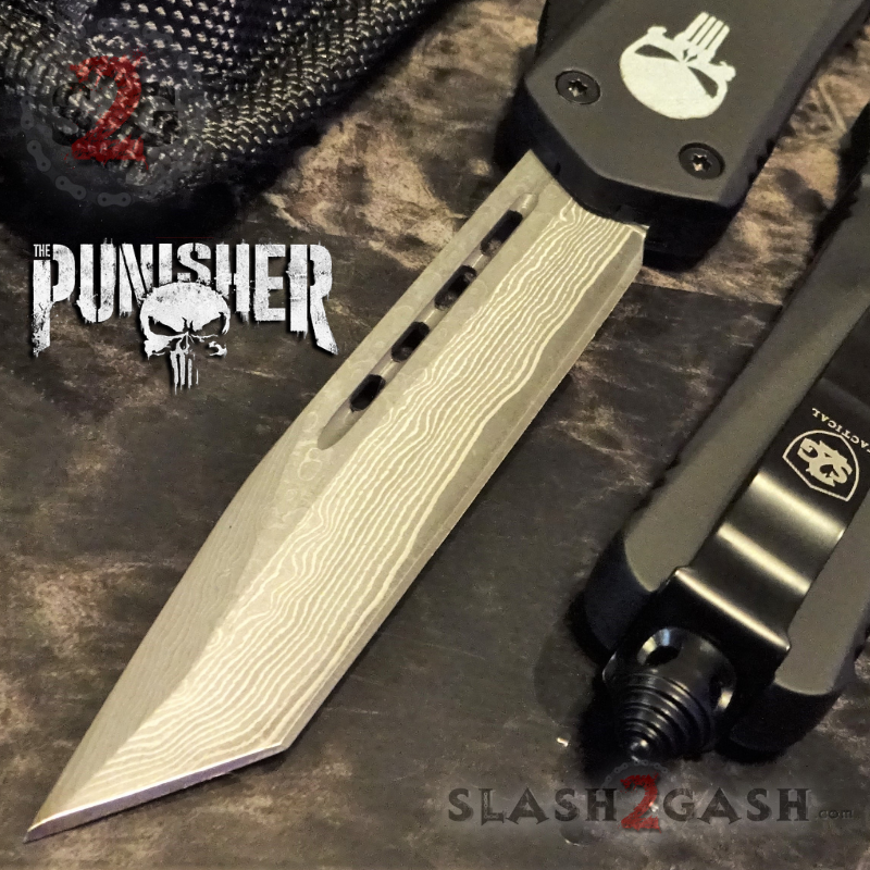 Punisher Skull OTF Knife Black D/A Switchblade - REAL Layered Damascus Knife-OTF - Tophatter Daily Deals