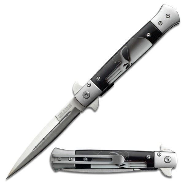 Punisher Skull Stiletto Spring Assisted Knife Silver & Black - 9