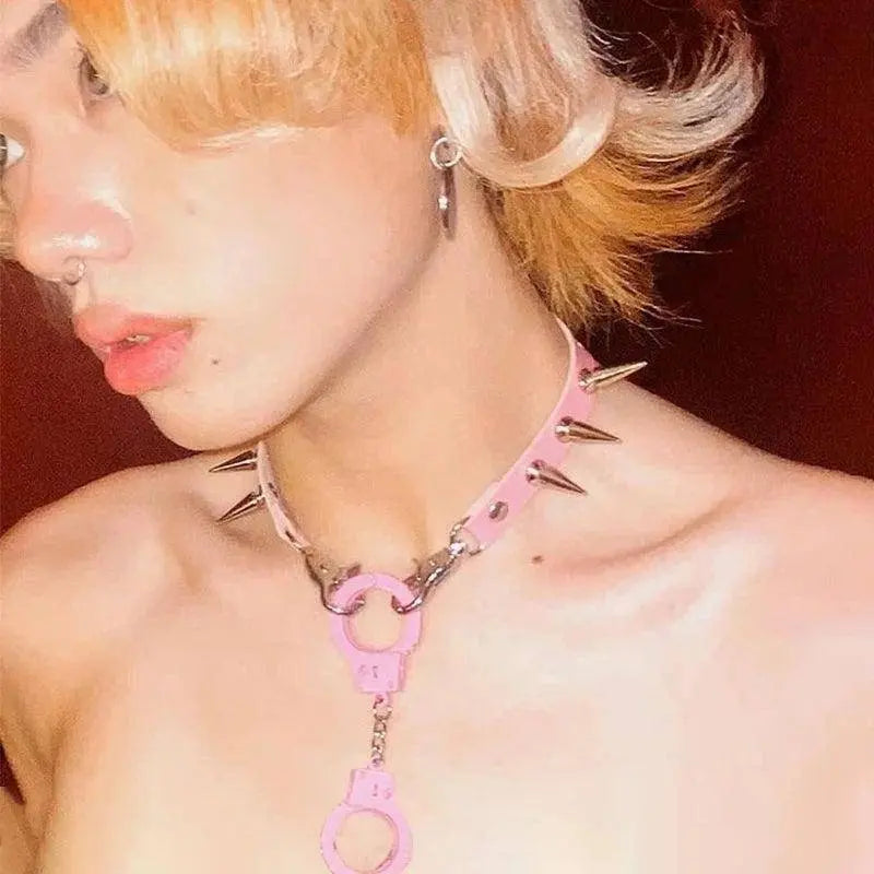 Punk Jewelry Pink Leather Rivets Choker Women Accessories Chains Ring Pendant Necklace Gothic Necklace Y2K Korean Fashion - Tophatter Daily Deals