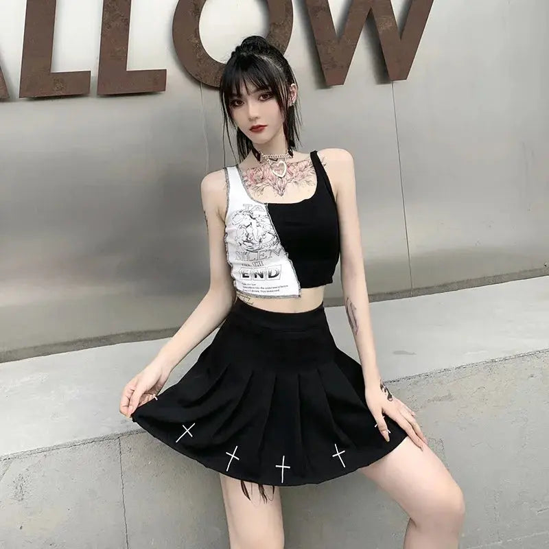 Punk Style Patchwork Tank Tops Aesthetic Letter And Graphic Print Women Crop Top Color Blocking Sleeveless Streetwear - Tophatter Daily Deals