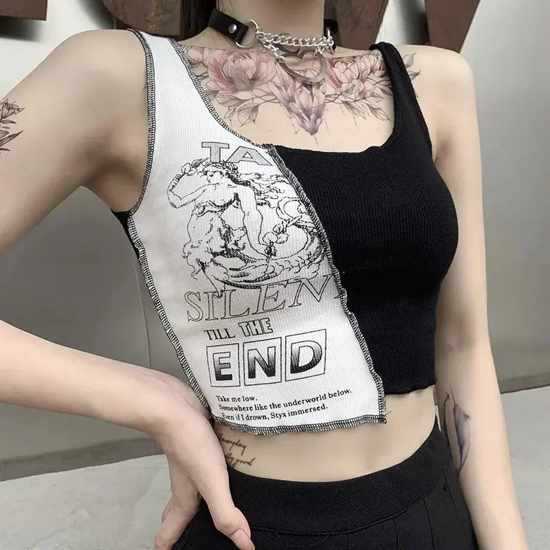 Punk Style Patchwork Tank Tops Aesthetic Letter And Graphic Print Women Crop Top Color Blocking Sleeveless Streetwear - Tophatter Daily Deals