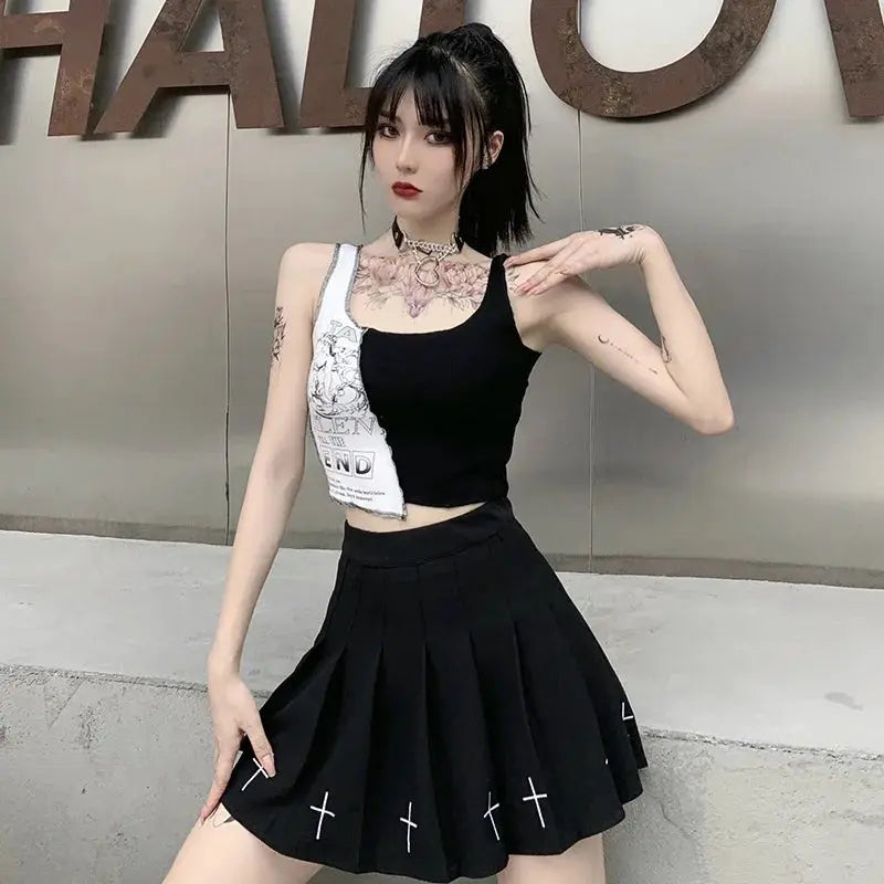 Punk Style Patchwork Tank Tops Aesthetic Letter And Graphic Print Women Crop Top Color Blocking Sleeveless Streetwear - Tophatter Daily Deals