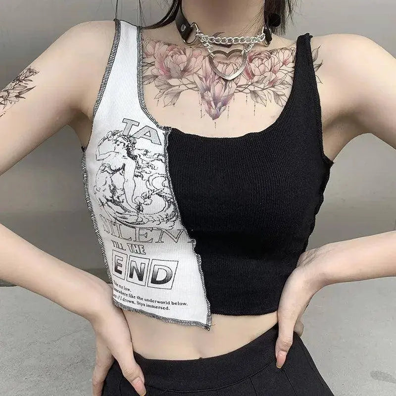 Punk Style Patchwork Tank Tops Aesthetic Letter And Graphic Print Women Crop Top Color Blocking Sleeveless Streetwear - Tophatter Daily Deals