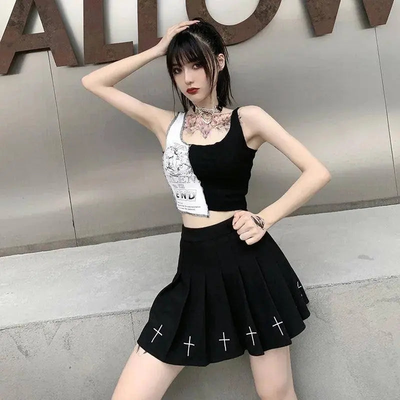 Punk Style Patchwork Tank Tops Aesthetic Letter And Graphic Print Women Crop Top Color Blocking Sleeveless Streetwear - Tophatter Daily Deals