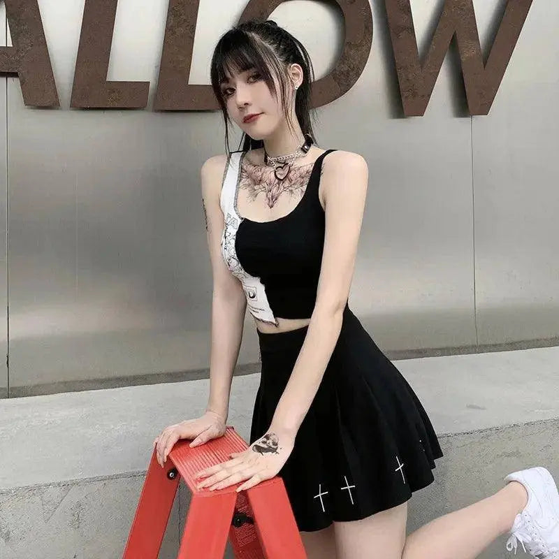 Punk Style Patchwork Tank Tops Aesthetic Letter And Graphic Print Women Crop Top Color Blocking Sleeveless Streetwear - Tophatter Daily Deals