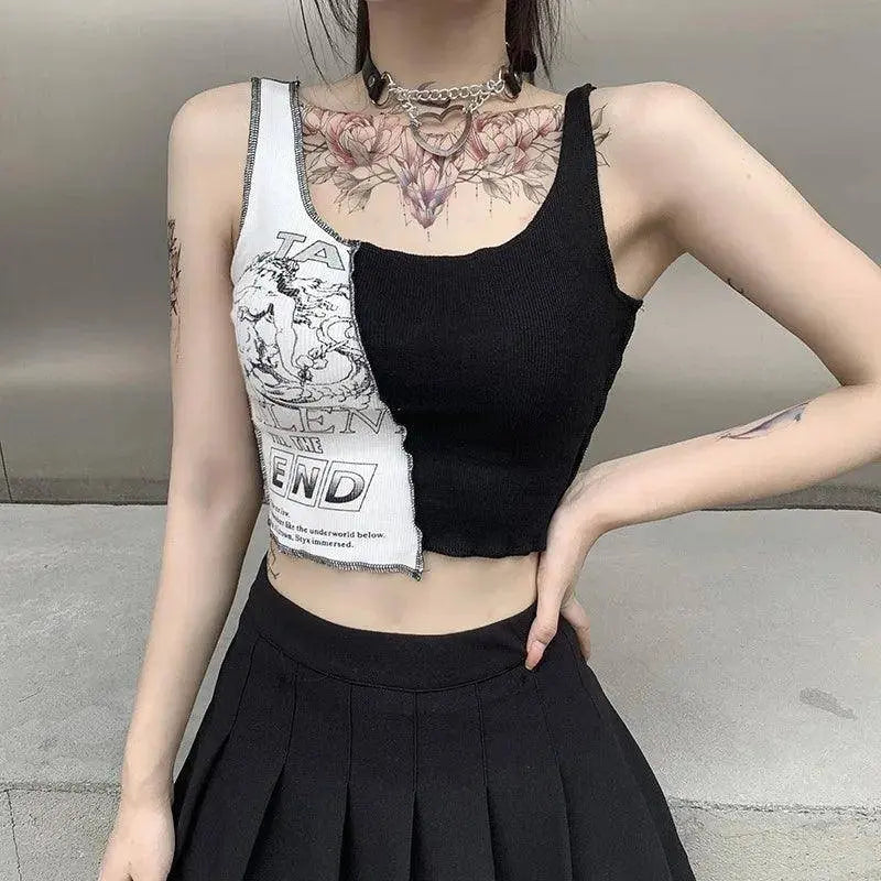 Punk Style Patchwork Tank Tops Aesthetic Letter And Graphic Print Women Crop Top Color Blocking Sleeveless Streetwear - Tophatter Daily Deals