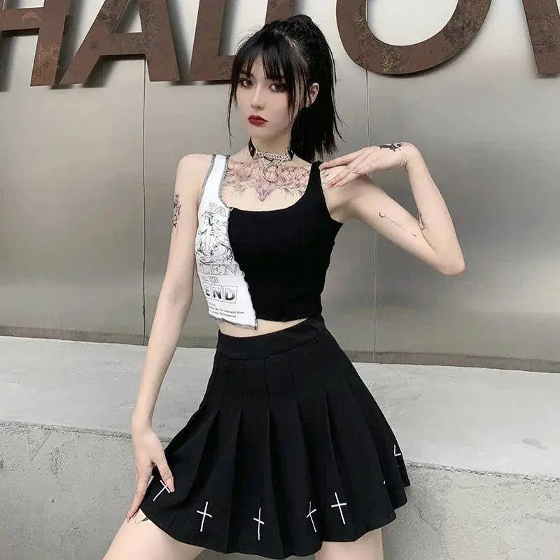 Punk Style Patchwork Tank Tops Aesthetic Letter And Graphic Print Women Crop Top Color Blocking Sleeveless Streetwear - Tophatter Daily Deals