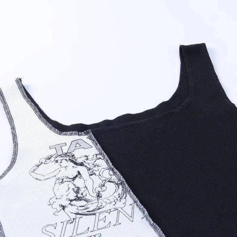 Punk Style Patchwork Tank Tops Aesthetic Letter And Graphic Print Women Crop Top Color Blocking Sleeveless Streetwear - Tophatter Daily Deals