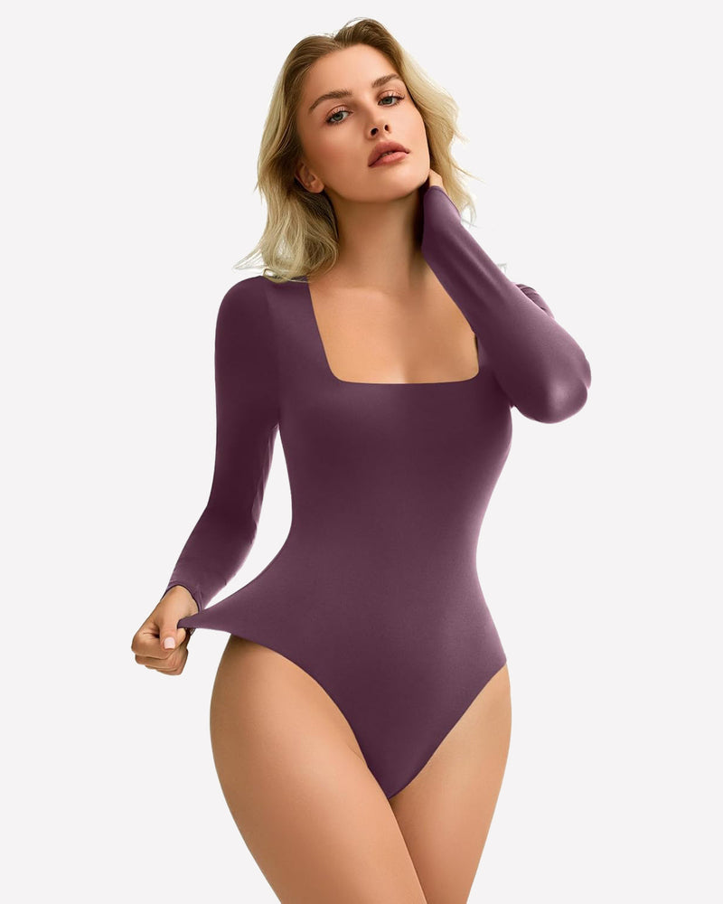 Double Lined Square Neck BodySuit Tops Purple Shaperwear-bodysuit - Tophatter Daily Deals