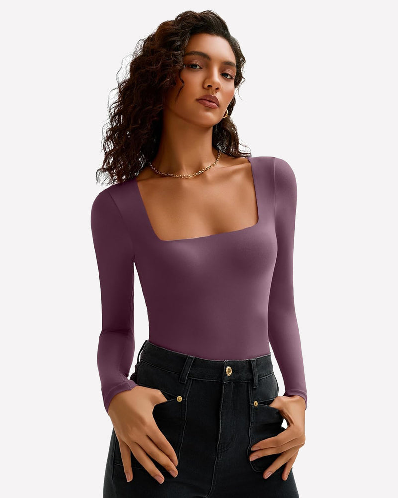 Double Lined Square Neck BodySuit Tops Shaperwear-bodysuit - Tophatter Daily Deals