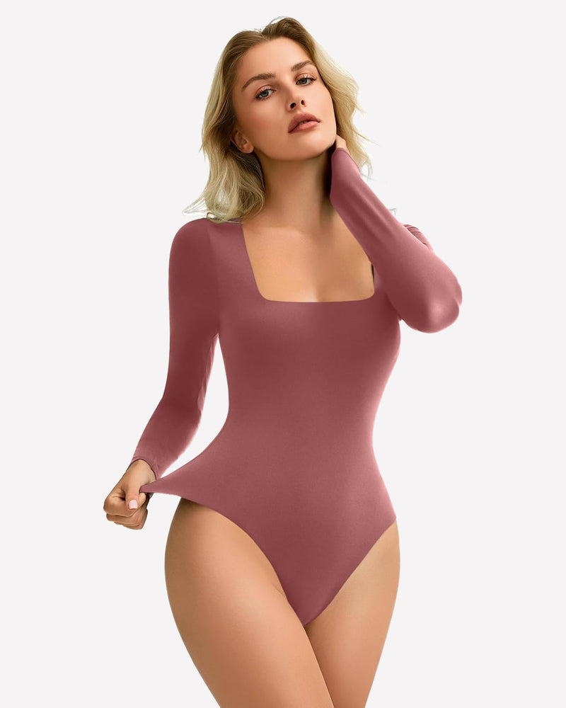 Double Lined Square Neck BodySuit Tops Purple Red Shaperwear-bodysuit - Tophatter Daily Deals