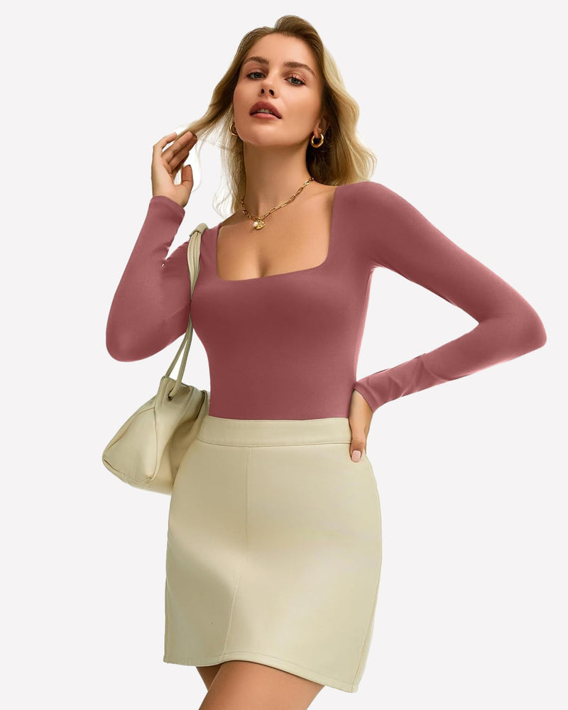 Double Lined Square Neck BodySuit Tops Shaperwear-bodysuit - Tophatter Daily Deals