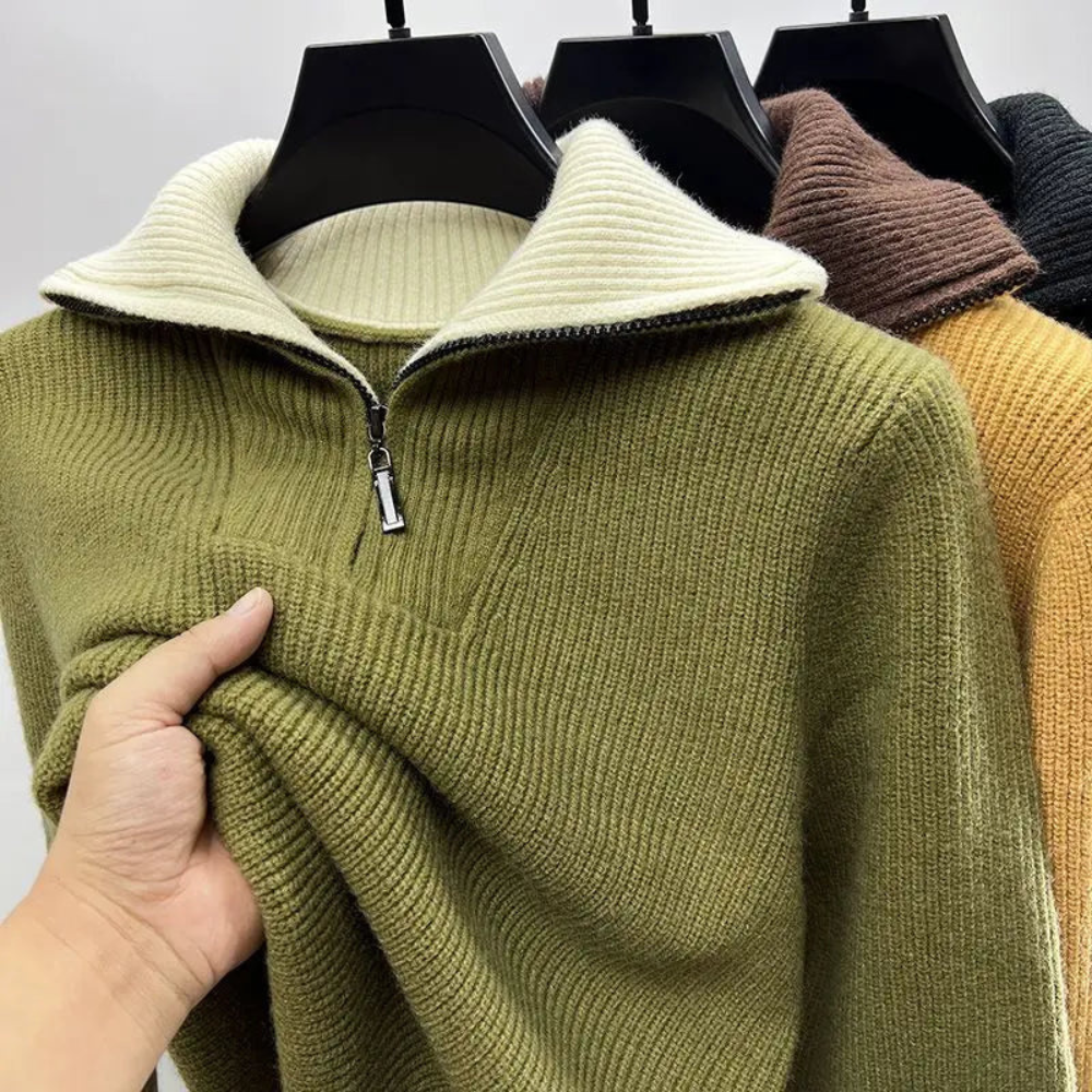 Warm Mens Half Zip Sweater - Stand Collar, Knit, Casual Green - Tophatter Daily Deals