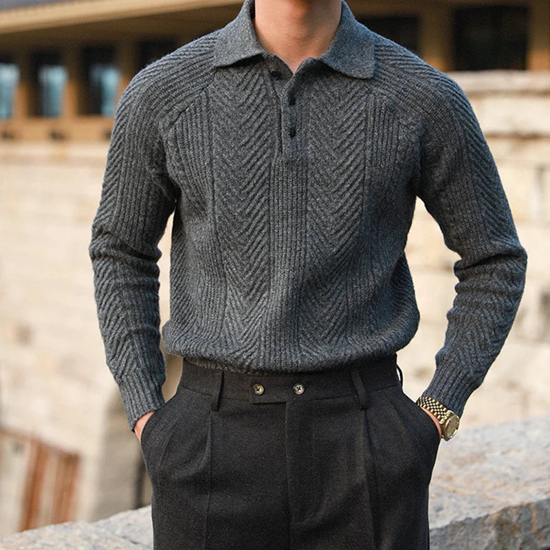 Warm Refined Men's Polo Sweater - Relaxed Cut, Knit, Winter Gray - Tophatter Daily Deals