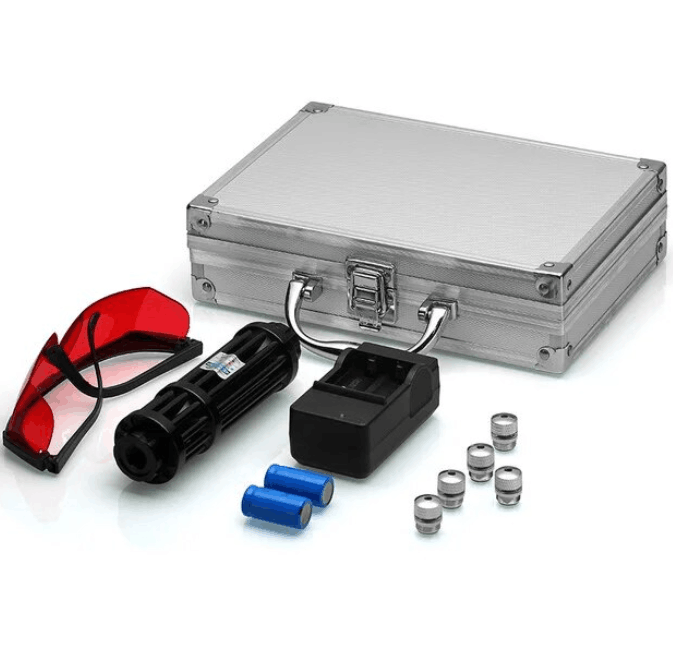Blue Gatling Burning Laser Pointer Adjustable Visible Beam Dot Light Black Box set - Tophatter Daily Deals