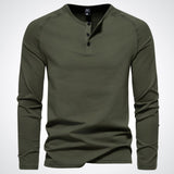 Lightweight Mens Long Sleeve Henley - Fitted Cotton, Casual Army green - Tophatter Daily Deals