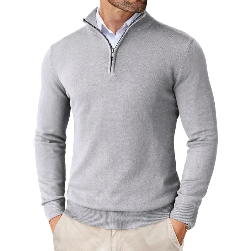 Lightweight Classic Men’s Knit Sweater - Zip Collar, Cotton Light gray - Tophatter Daily Deals